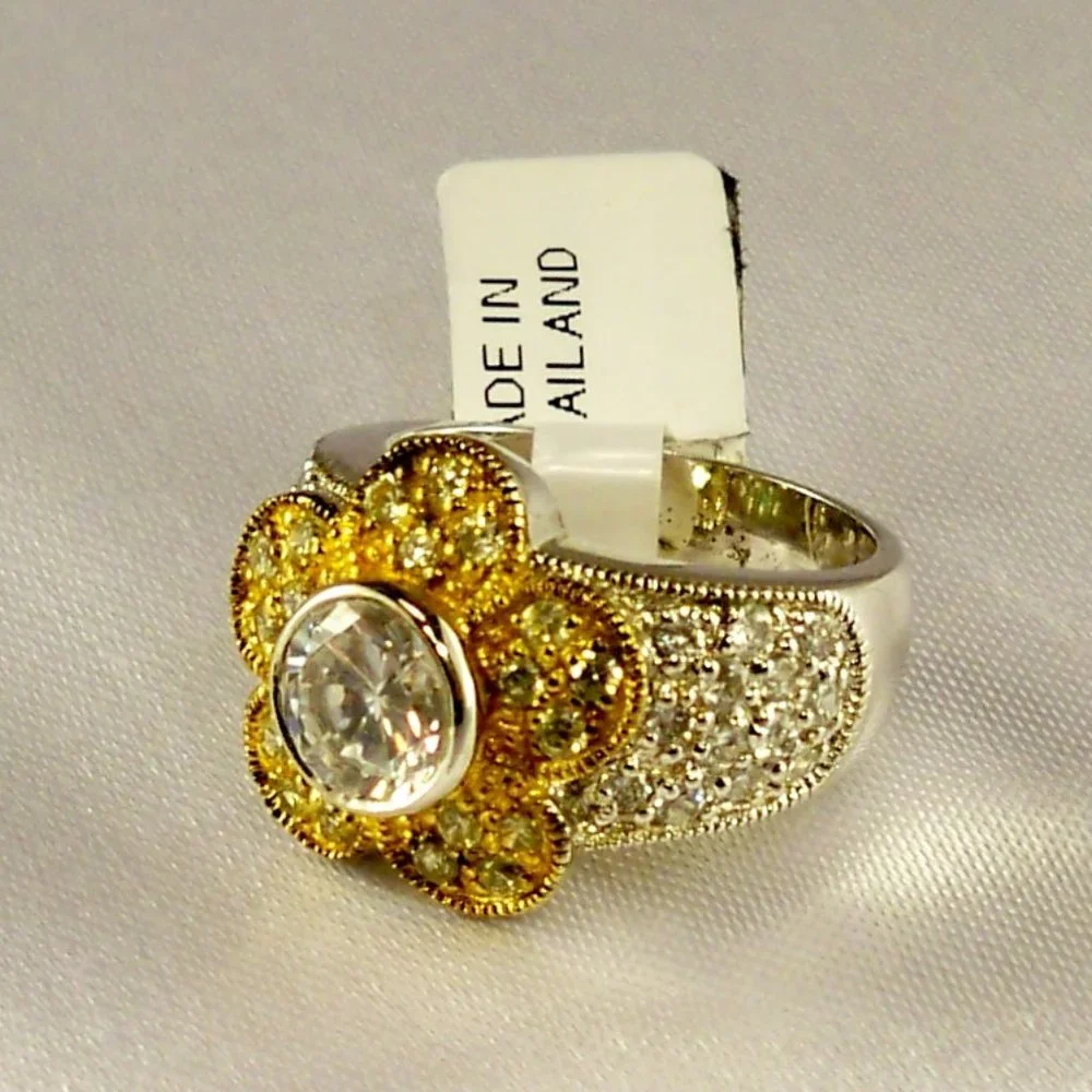 NEW Vintage Charles Winston Flower Yellow Cubic Zirconias Gold Silver Ring